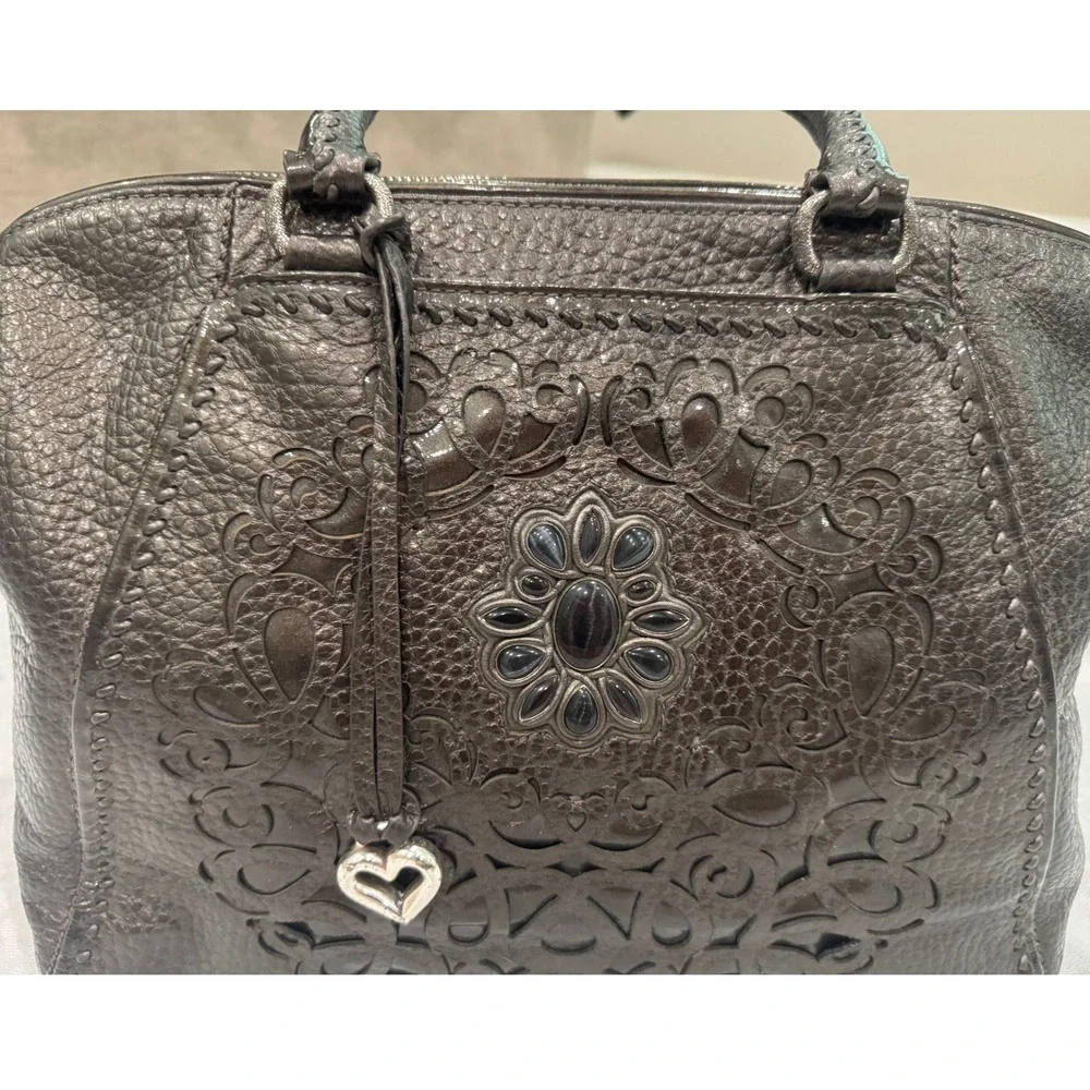 Brighton Leather Satchel Bag‎ Womens Large Metallic Charcoal Excellent Mandala